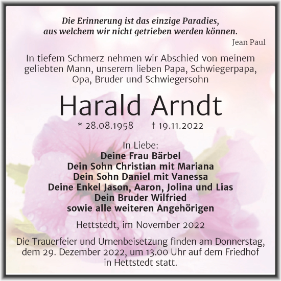 Traueranzeige von Harald Arndt von Trauerkombi Mansfelder Land
