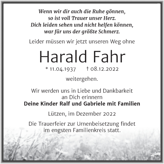 Traueranzeige von Harald Fahr von Trauerkombi Weißenfels