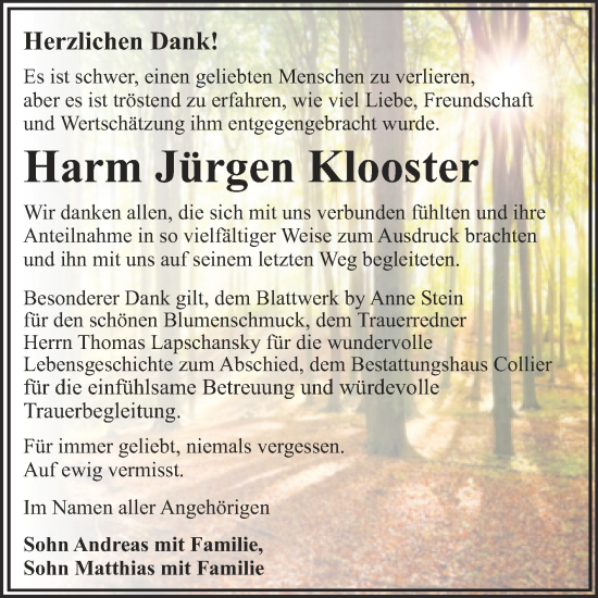 Traueranzeige von Harm Jürgen Klooster von Trauerkombi Dessau