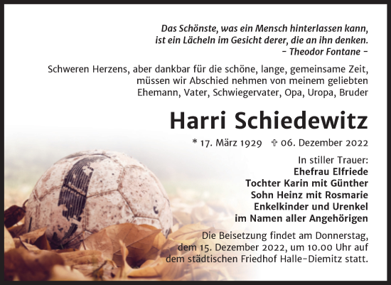Traueranzeige von Harri Schiedewitz von Mitteldeutsche Zeitung Halle/Saalkreis