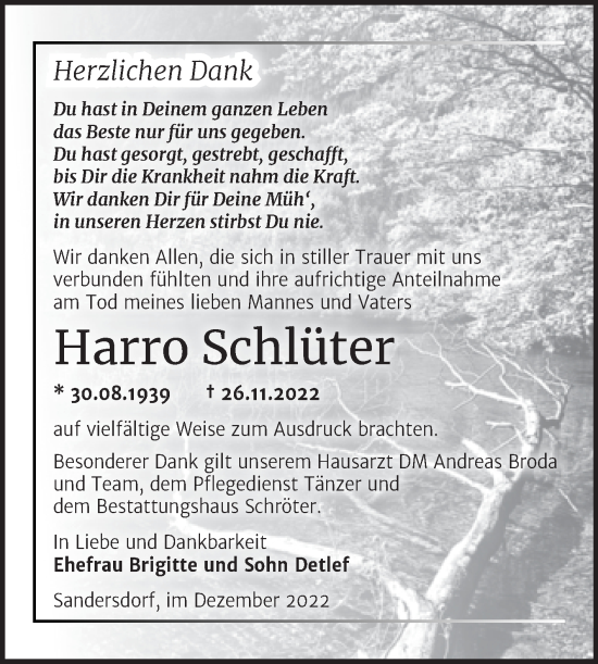 Traueranzeige von Harro Schlüter von Trauerkombi Bitterfeld