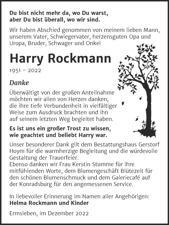 Traueranzeige von Harry Rockmann von Trauerkombi Quedlinburg