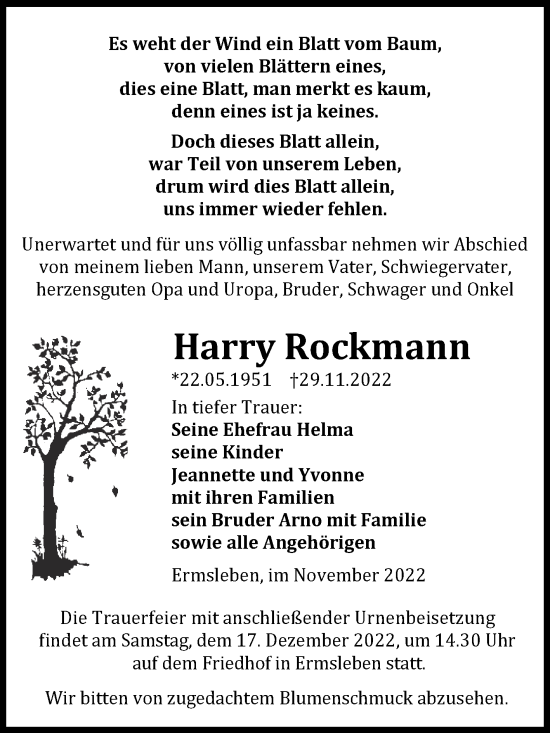 Traueranzeige von Harry Rockmann von Trauerkombi Quedlinburg