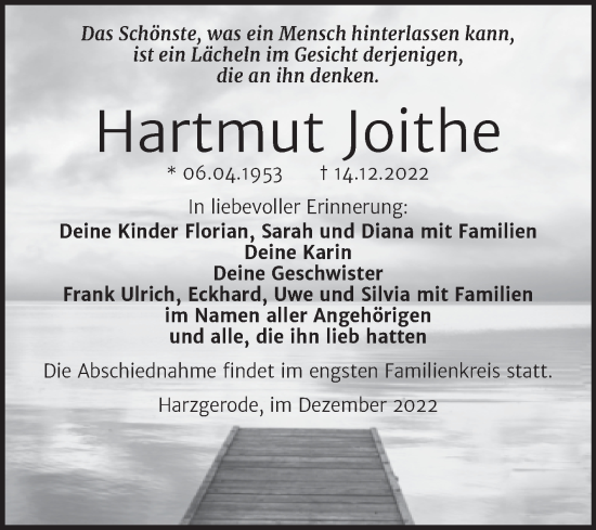 Traueranzeige von Hartmut Joithe von Trauerkombi Quedlinburg