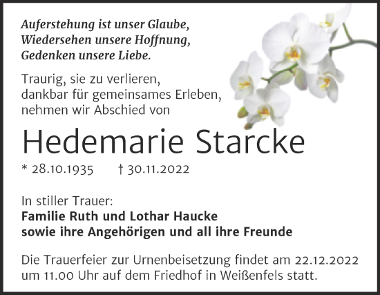 Traueranzeige von Hedemarie Starcke von Trauerkombi Weißenfels