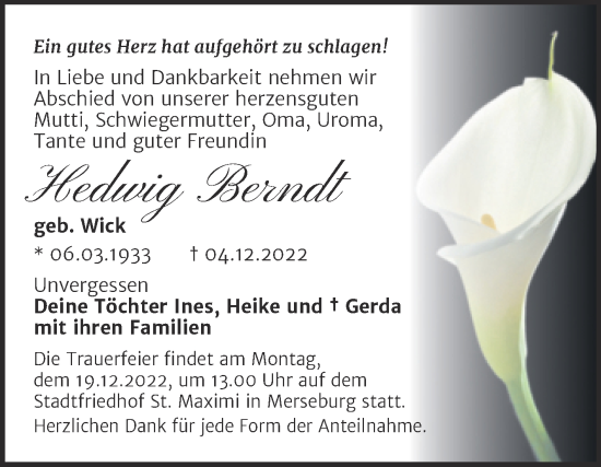 Traueranzeige von Hedwig Berndt von Trauerkombi Merseburg