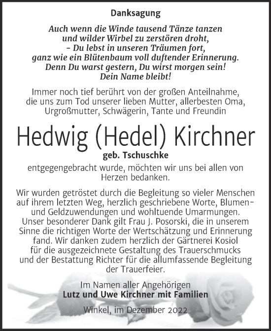Traueranzeige von Hedwig Kirchner von Trauerkombi Sangerhausen