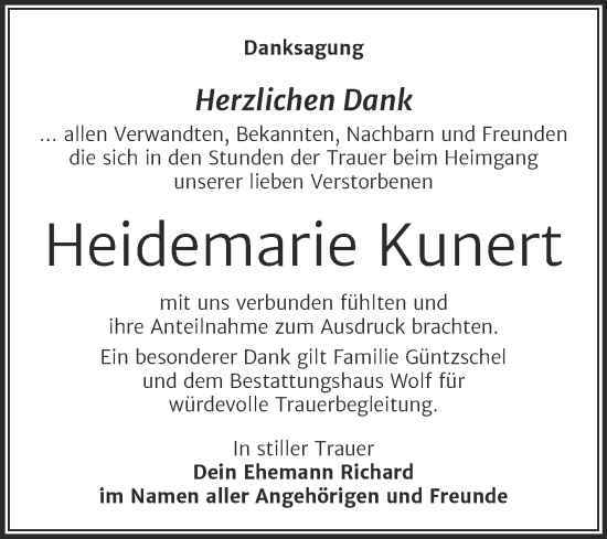 Traueranzeige von Heidemarie Kunert von Trauerkombi Weißenfels