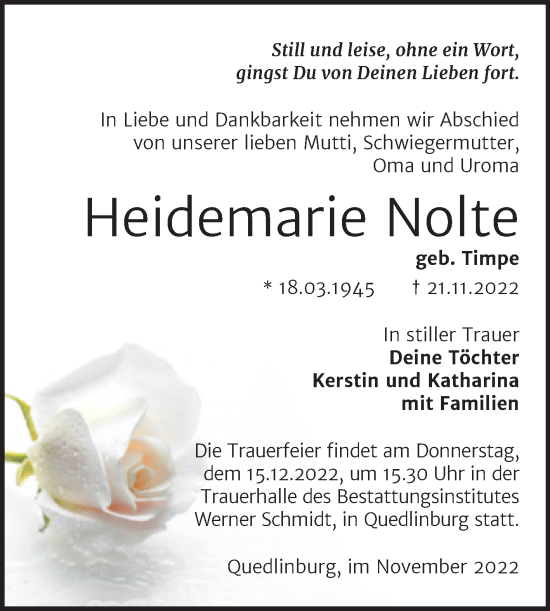 Traueranzeige von Heidemarie Nolte von Trauerkombi Quedlinburg