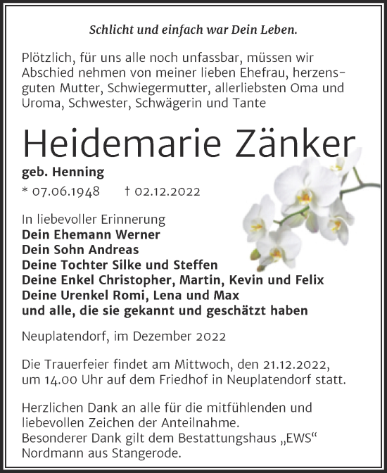 Traueranzeige von Heidemarie Zänker von Trauerkombi Quedlinburg