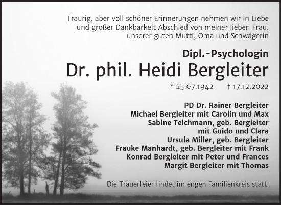 Traueranzeige von Heidi Bergleiter von Mitteldeutsche Zeitung Halle/Saalkreis