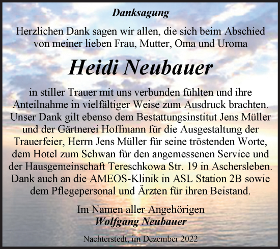 Traueranzeige von Heidi Neubauer von Trauerkombi Aschersleben