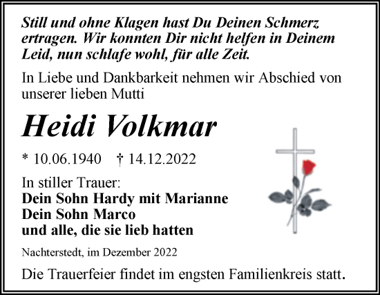 Traueranzeige von Heidi Volkmar von Trauerkombi Aschersleben