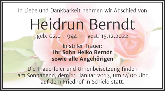 Traueranzeige von Heidrun Berndt von Trauerkombi Quedlinburg