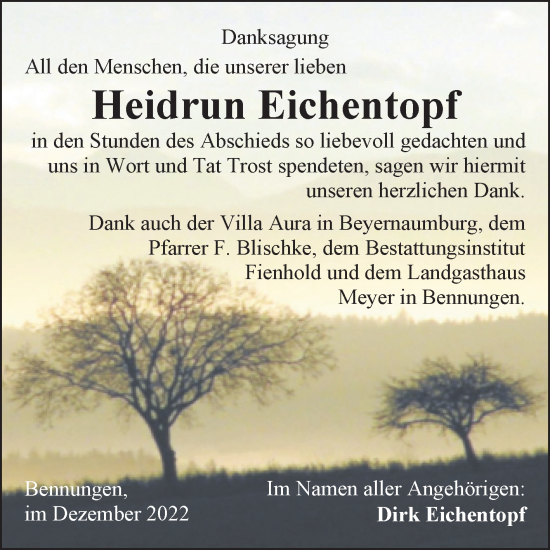 Traueranzeige von Heidrun Eichentopf von Trauerkombi Sangerhausen