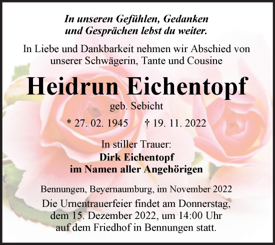 Traueranzeige von Heidrun Eichentopf von Trauerkombi Sangerhausen