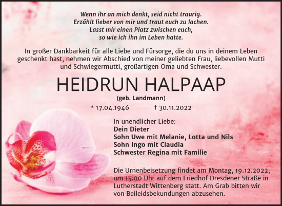 Traueranzeige von Heidrun Halpaap von Trauerkombi Wittenberg