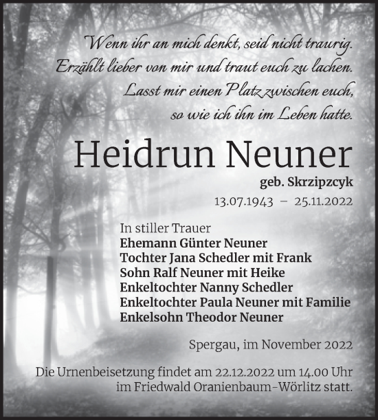 Traueranzeige von Heidrun Neuner von Trauerkombi Merseburg