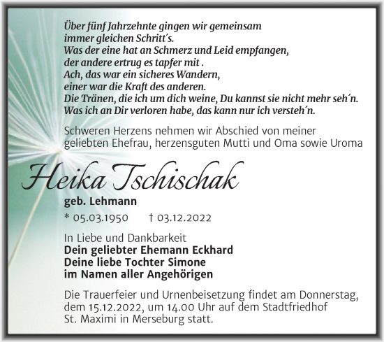 Traueranzeige von Heika Tschischak von Trauerkombi Merseburg