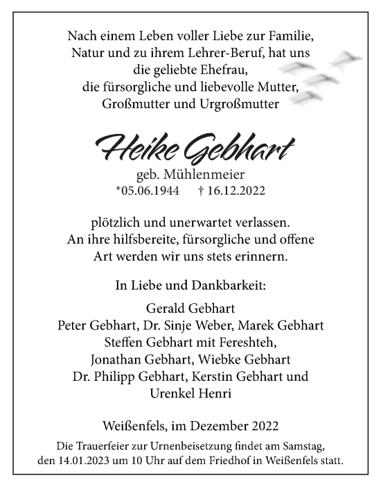 Traueranzeige von Heike Gebhart von Trauerkombi Weißenfels