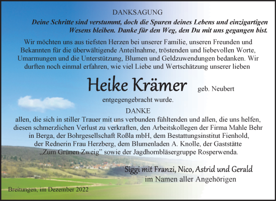 Traueranzeige von Heike Krämer von Trauerkombi Sangerhausen