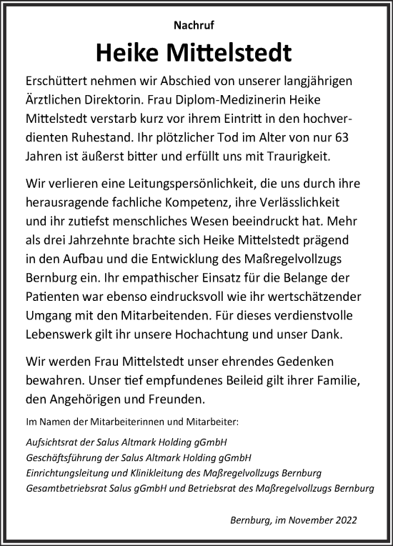 Traueranzeige von Heike Mittelstedt von Mitteldeutsche Zeitung Salzlandkreis