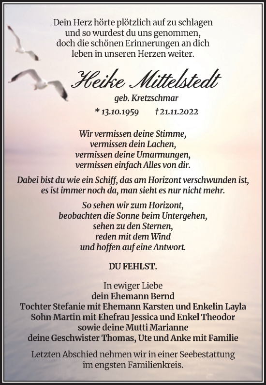 Traueranzeige von Heike Mittelstedt von Trauerkombi Bernburg
