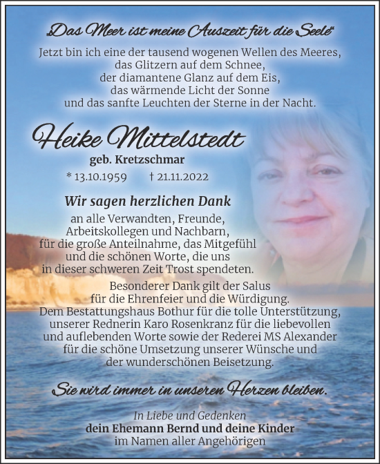 Traueranzeige von Heike Mittelstedt von Trauerkombi Bernburg