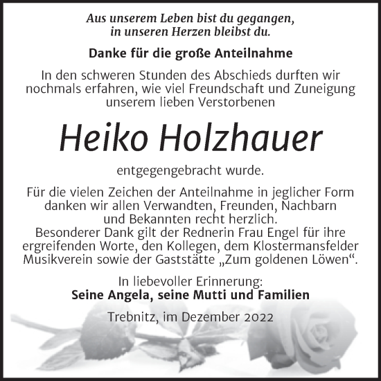 Traueranzeige von Heiko Holzhauer von Trauerkombi Bernburg