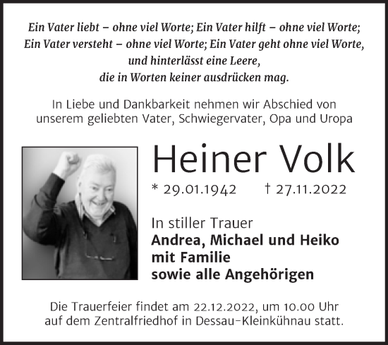Traueranzeige von Heiner Volk von Mitteldeutsche Zeitung Dessau-Roßlau