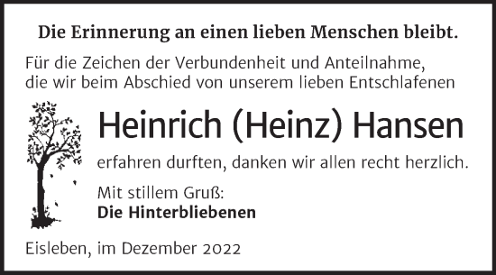 Traueranzeige von Heinrich Hansen von Trauerkombi Mansfelder Land