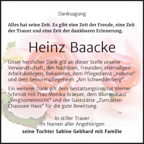 Traueranzeige von Heinz Baacke von Trauerkombi Quedlinburg
