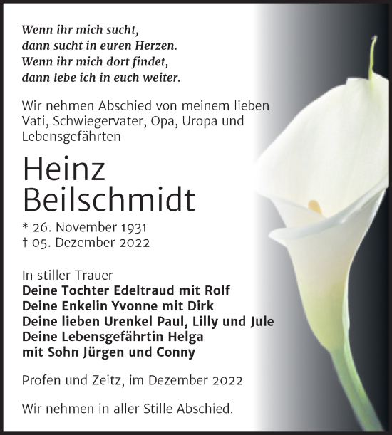 Traueranzeige von Heinz Beilschmidt von Trauerkombi Zeitz