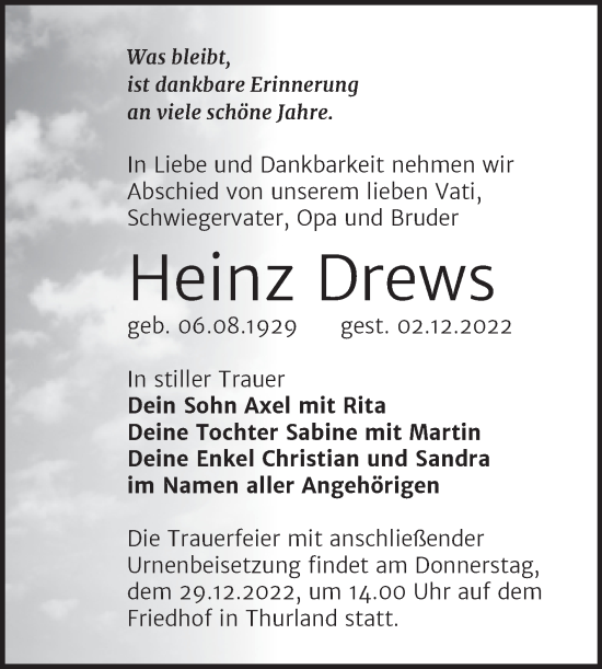 Traueranzeige von Heinz Drews von Trauerkombi Bitterfeld