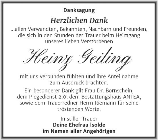 Traueranzeige von Heinz Geiling von Trauerkombi Weißenfels