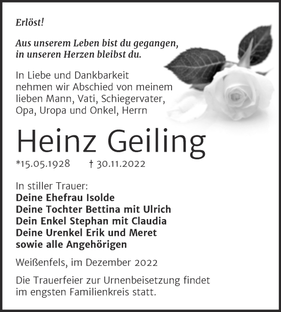 Traueranzeige von Heinz Geiling von Trauerkombi Weißenfels
