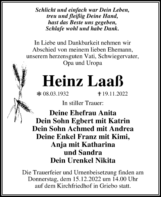 Traueranzeige von Heinz Laaß von Trauerkombi Wittenberg