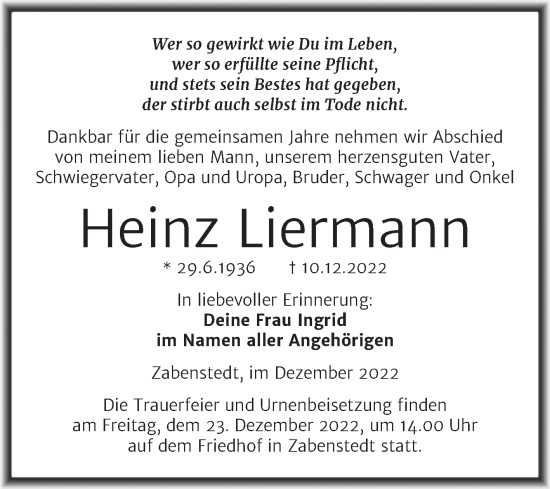 Traueranzeige von Heinz Liermann von Trauerkombi Mansfelder Land