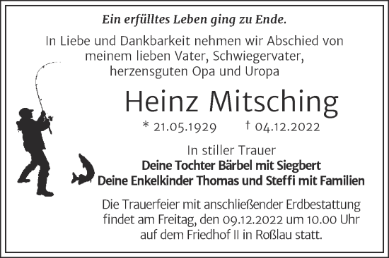 Traueranzeige von Heinz Mitsching von Mitteldeutsche Zeitung Dessau-Roßlau