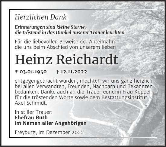Traueranzeige von Heinz Reichardt von Wochenspiegel Naumburg/Nebra