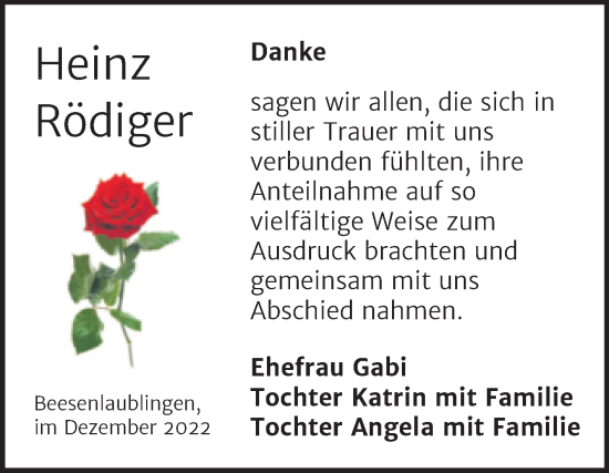 Traueranzeige von Heinz Rödiger von Trauerkombi Bernburg