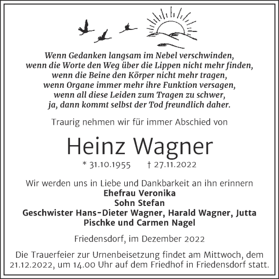 Traueranzeige von Heinz Wagner von Trauerkombi Merseburg