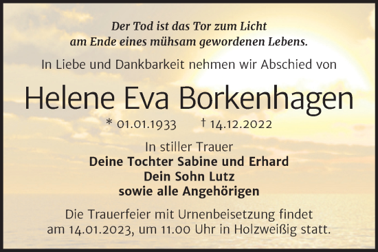 Traueranzeige von Helene Eva Borkenhagen von Trauerkombi Bitterfeld