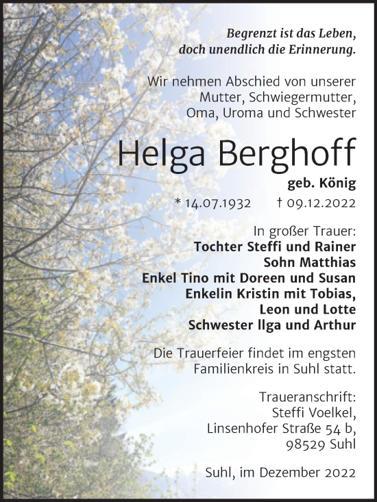 Traueranzeige von Helga Berghoff von Wochenspiegel Naumburg/Nebra