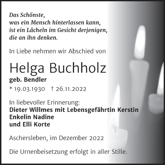 Traueranzeige von Helga Buchholz von Trauerkombi Aschersleben