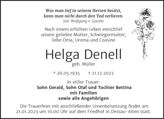 Traueranzeige von Helga Denell von Trauerkombi Dessau