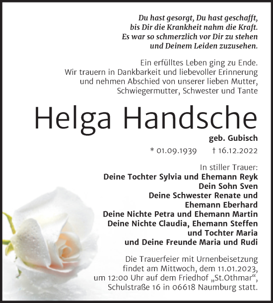 Traueranzeige von Helga Handsche von Wochenspiegel Naumburg/Nebra