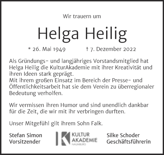 Traueranzeige von Helga Heilig von Naumburger Tageblatt