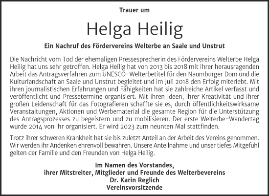 Traueranzeige von Helga Heilig von Naumburger Tageblatt