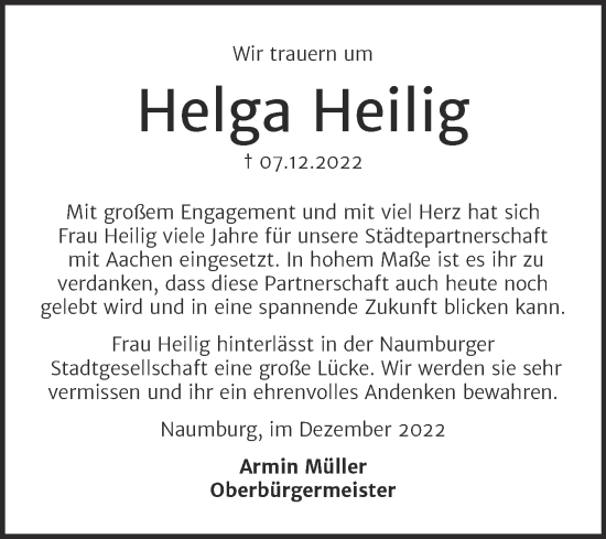 Traueranzeige von Helga Heilig von Naumburger Tageblatt